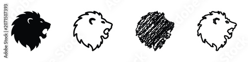 Photos A set of four distinct lion head graphics, showcasing silhouette, outline, scrib