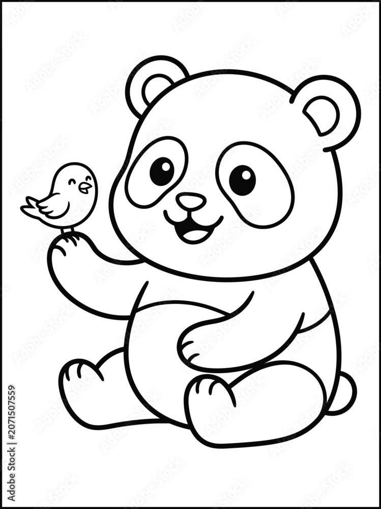 Obraz premium Cute panda bear with little bird on hand