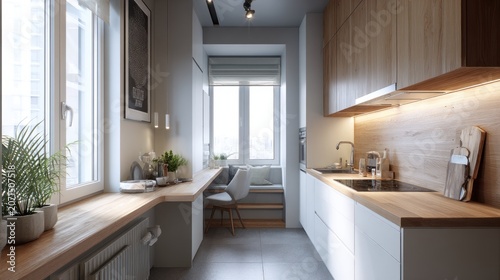 Sleek galley kitchen featuring wooden counters, white cabinets, large windows, green plants, and a cozy window nook