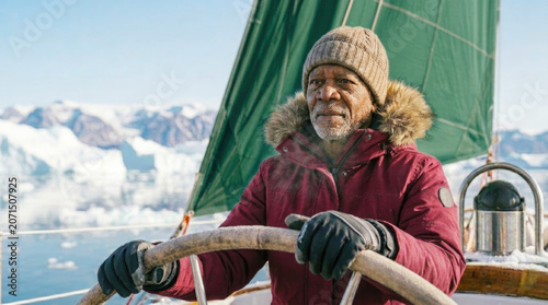 Senior African American man steering sailboat in freezing Arctic waters with icebergs behind