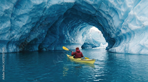 Adventurous kayaker paddling through a majestic glowing blue glacial ice cave tunnel