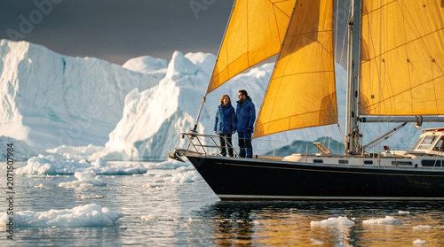 Man and woman standing on bow of sailing yacht near massive arctic icebergs