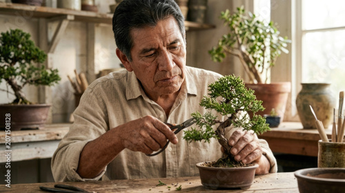 Senior Hispanic man carefully pruning small bonsai tree with shears in rustic workshop