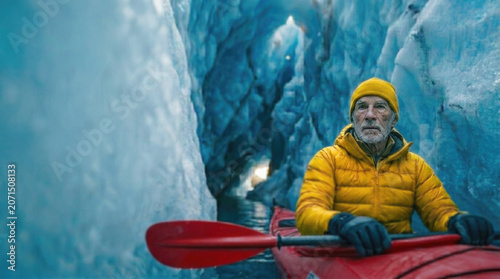Senior male kayaker in bright yellow jacket paddling inside a deep blue ice cave