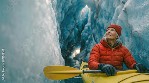 Mature woman looking up in awe while kayaking through a glacial blue ice cave