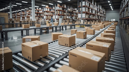 Cardboard boxes on conveyor belt in a warehouse, with shelves stacked with boxes in the background storage