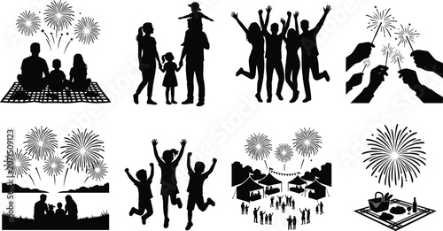 Foto Black silhouette illustrations of families, children, and crowds celebrating wit