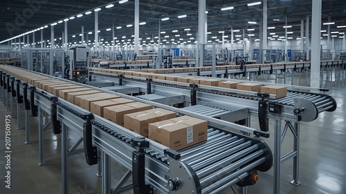 Industrial warehouse conveyor belt with cardboard boxes factory