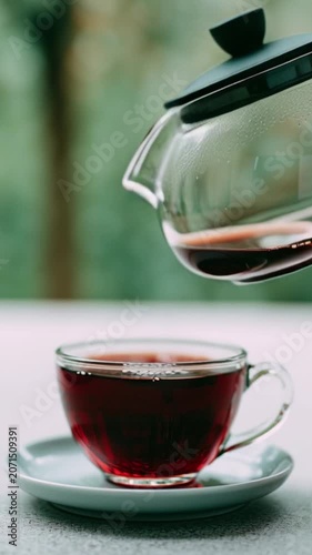 Glass teapot pouring hot black tea into clear glass cup on white saucer, steam rising with soft natural light and blurred green background, creating calm relaxing inviting atmosphere indoors beverage