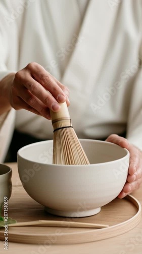 Whisk bowl hand traditional tea ceremony Japanese green matcha preparation with close up of hand whisking green tea powder ceramic bowl, mindful preparation, calm atmosphere, wooden table