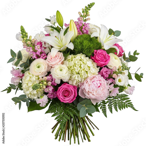 A beautiful bouquet of fresh pink flowers with green foliage