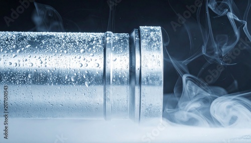  Frosted Metal Pipe with Rising Vapor on Dark Industrial Background