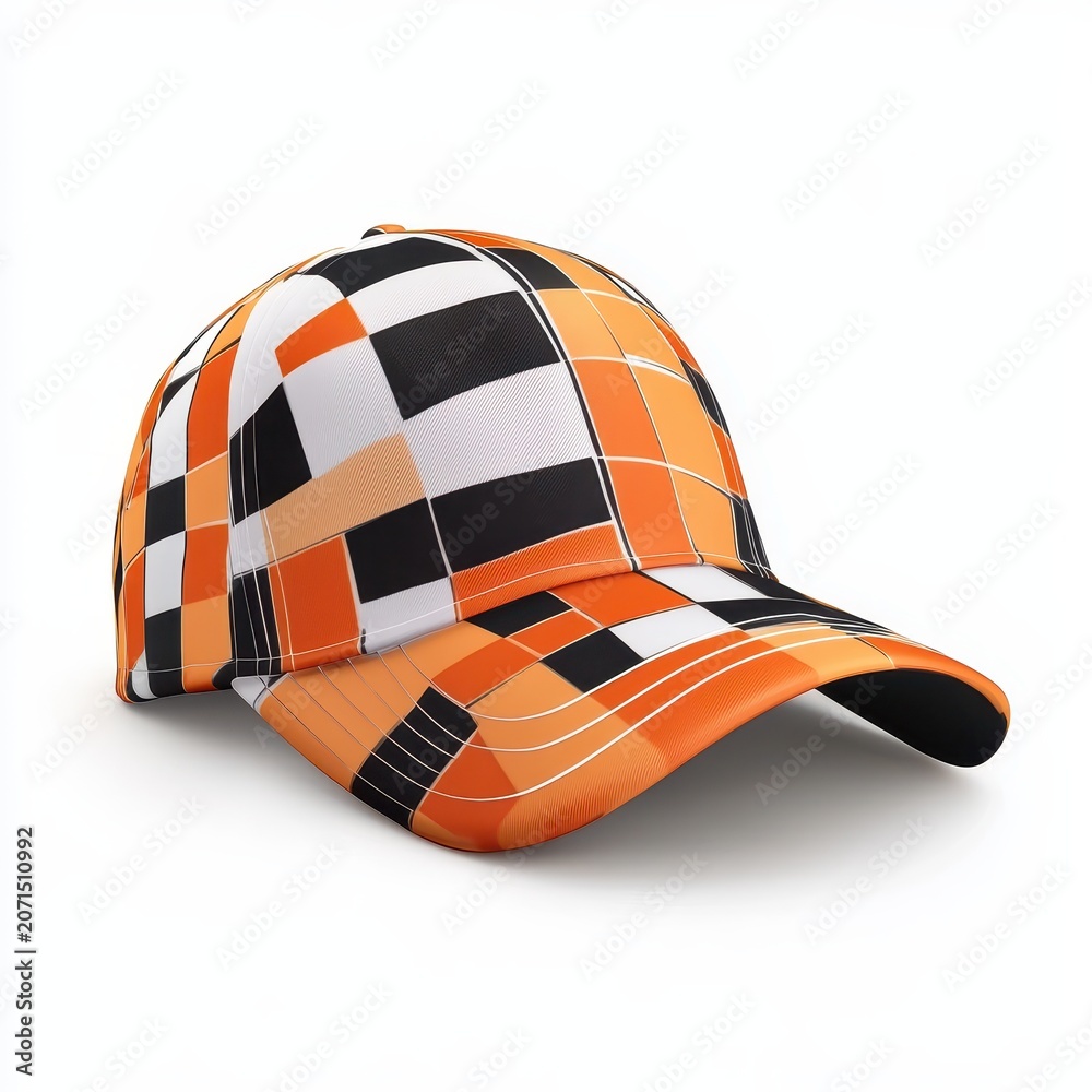 Fototapeta premium Modern baseball cap with a geometric orange, black, and white checkered pattern isolated on white background