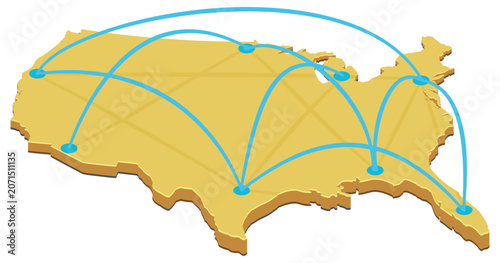 Isometric golden map of United States representing decentralized logistics, domestic trade, data transfer, distribution hub, and telecommunication connectivity network (cut out).