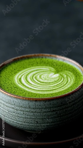 Creamy milk pouring into vibrant green matcha tea ceramic cup, creating beautiful swirl pattern, closeup of relaxing and inviting beverage moment, matcha latte green tea milk swirl ceramic cup