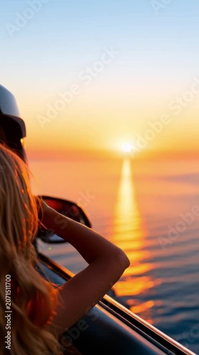 vertical of Woman hand reaching out car window at sunset by sea, embracing freedom and summer travel, warm sunlight and reflection on water, joyful peaceful moment, summer sunlight, ocean view