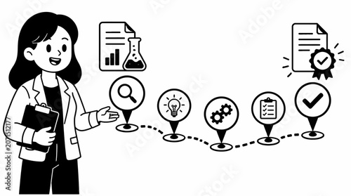 Female scientist presenting research and development process.