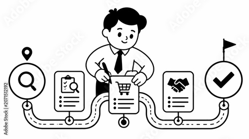 Cartoon man with shopping cart and documents.