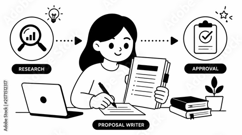Professional writer working on research and approval process.