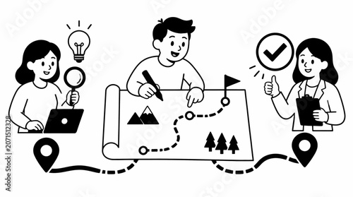 Team collaboration planning adventure trip on map.