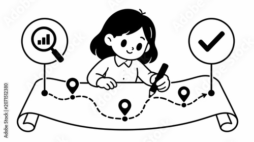Woman analyzing map with location pins and icons.