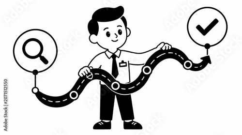 Businessman stretching a long road with symbols.