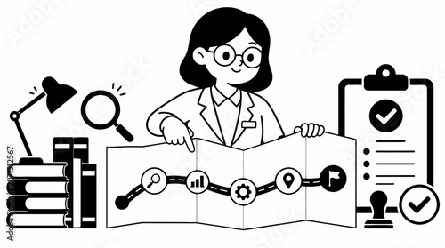 Woman analyzing data and maps with magnifying glass.