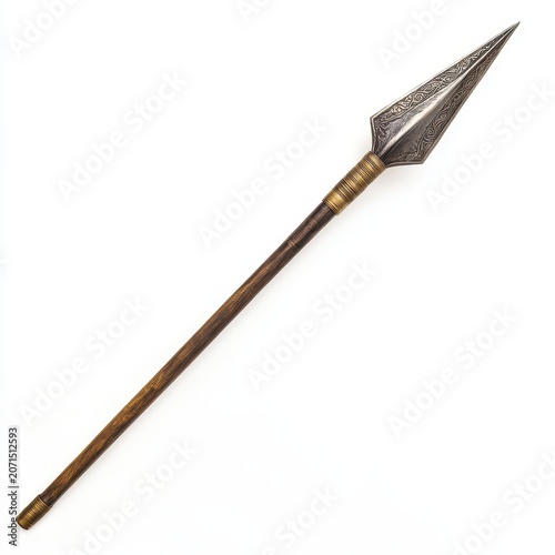 Ancient metal spear with an ornate blade and wooden shaft isolated on white background