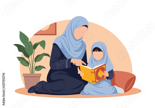 Flat style vector illustration of Muslim mother teaching Quran to her child at home with nurturing guidance. Perfect for Islamic education, parenting, faith development and family values