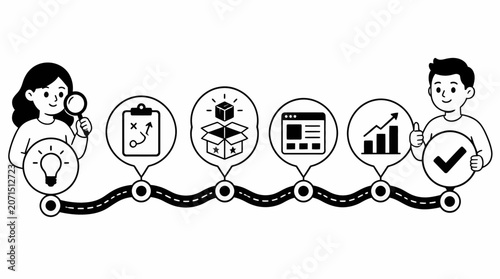 Business process workflow with icons and teamwork illustration.