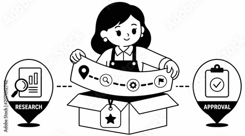 Woman holding open box with icons and labels.
