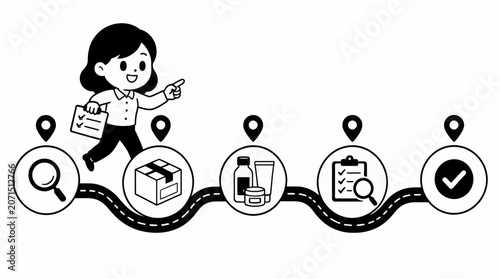 Cartoon woman pointing at delivery process steps.