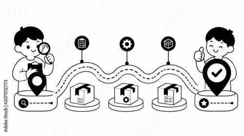 Illustration of supply chain management process with icons and characters.