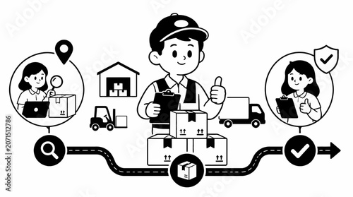 Cartoon delivery worker with packages and logistics icons.