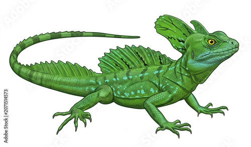 Schilderij op canvas Green Plumed Basilisk Lizard Basiliscus plumifrons Realistic Vector Illustration