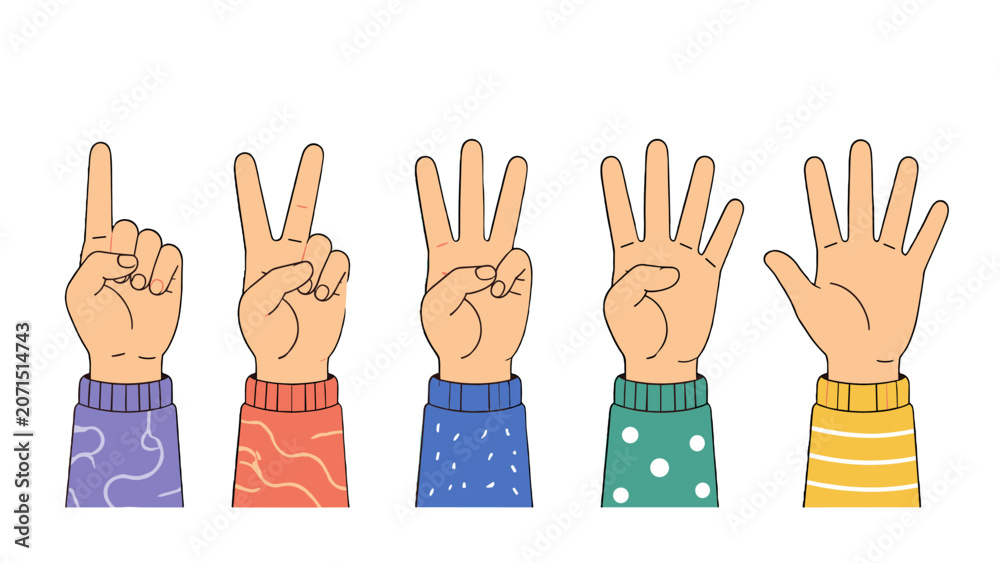 Fototapeta premium Cartoon hand counting gestures from one to five vector set