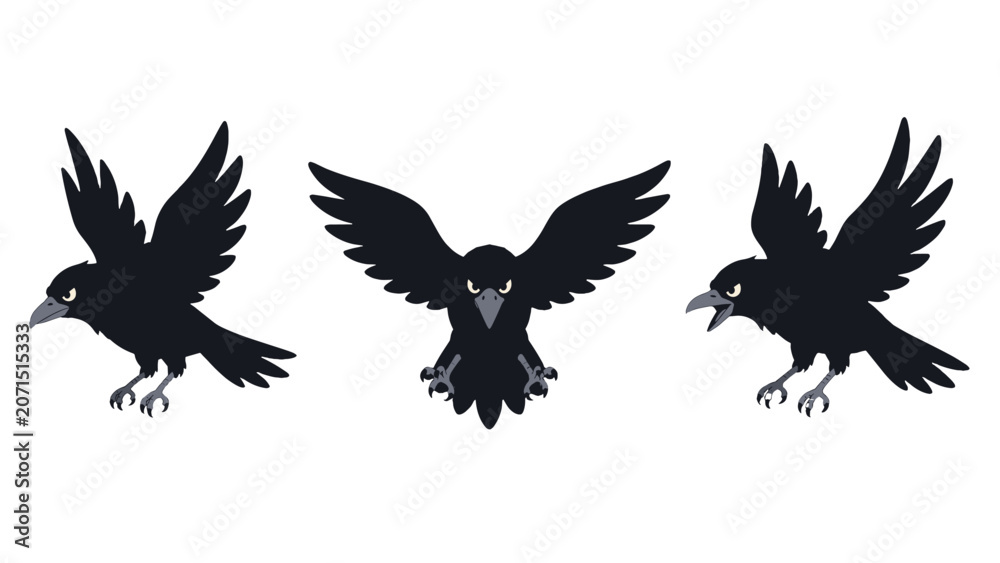 Obraz premium Cartoon black crow flying animation poses set