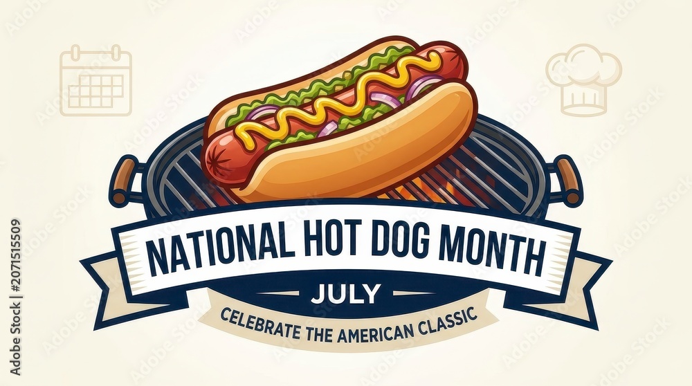 Fototapeta premium Hot dog on grill for National Hot Dog Month July
