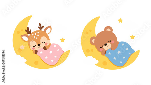 Canvas-taulu Cute sleeping deer and bear on moon with stars vector set