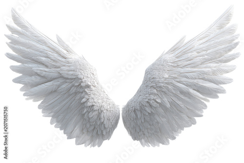 Celestial wings symbols of serenity and grace isolated on transparent background. Pair of white angel wings with soft feathers isolated on white background.