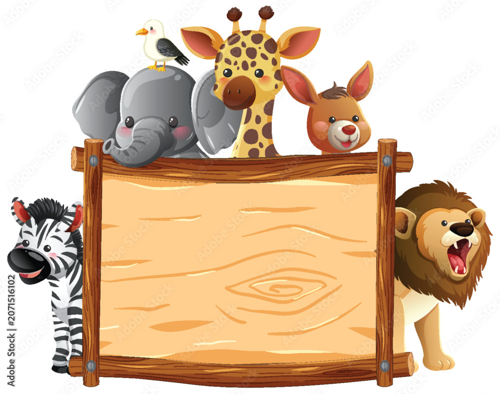 Fototapeta premium Cartoon Safari Animals Around Wooden Blank Signboard