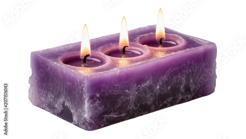 Schilderij op canvas Rectangular purple triple wick candle with burning flames, isolated on transpare