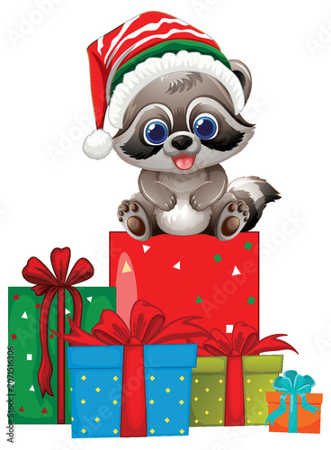 Cute Cartoon Raccoon Wearing Santa Hat Sitting on Christmas Gifts