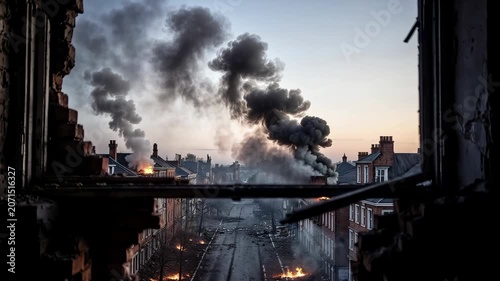 Broken brick window frames a ruined cityscape. Thick black smoke rises from burning buildings. The sky glows with sunset hues. Streets lie empty, littered with debris