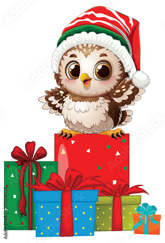 Cute Baby Owl Wearing Santa Hat Sitting on Christmas Gift Boxes