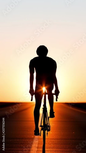 vertical of Celebrating Freedom and Adventure: Biker Under Sunset with Outstretched Arms Holding Flag on Open Road