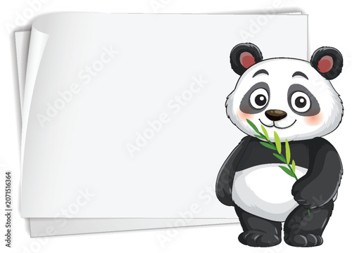 Cartoon Giant Panda Holding Bamboo Next to Blank White Paper