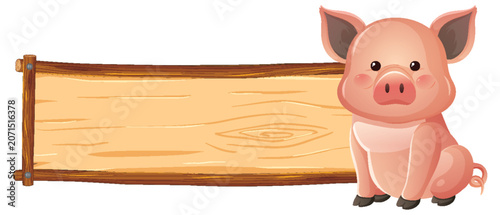 Cute Cartoon Pig Sitting Next to Blank Wooden Signboard