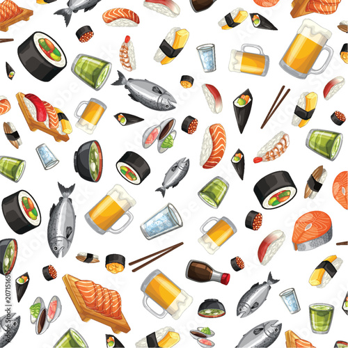 Seamless Vector Pattern of Japanese Sushi Sashimi and Beer Mugs