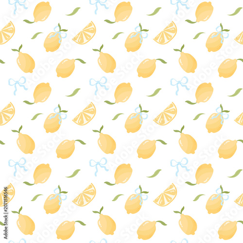 Lemon Seamless Pattern with Ribbon Bow and Leaves, Summer Fruit Design
